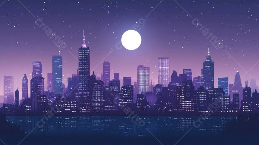 Ilustração Cidade Noturna Lua Cheia Estrelas Roxas