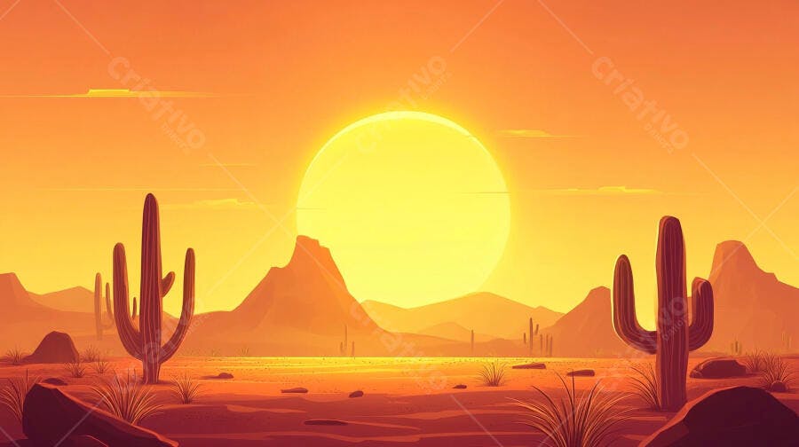 Ilustração Deserto Cactos Pôr do Sol Paisagem Oeste Selvagem