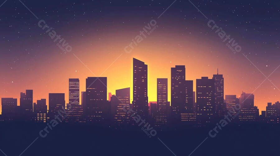 Silhueta Cidade Arranha-Céus Pôr do Sol Céu Estrelado