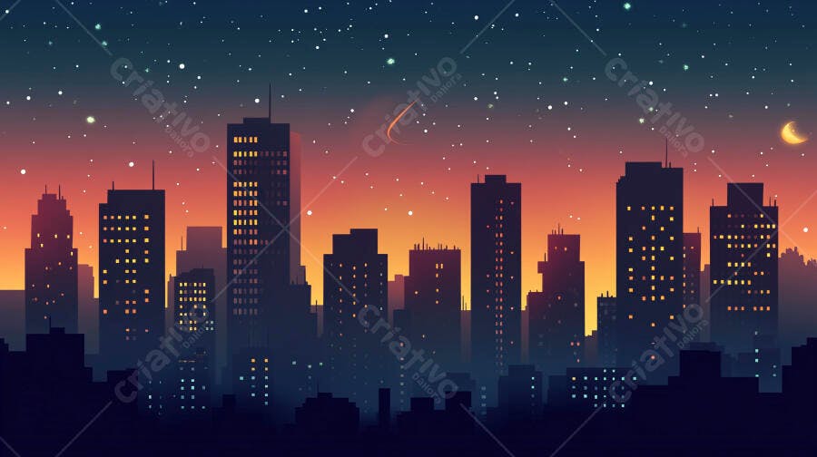 Ilustração Skyline Cidade Noite Estrelada Pôr do Sol
