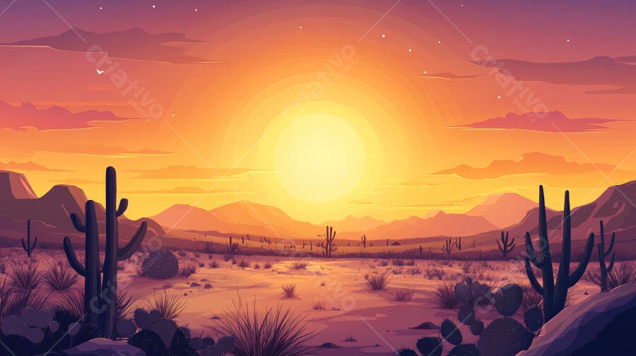 Ilustração Pôr do Sol Deserto Cactos Montanhas Laranja Roxo