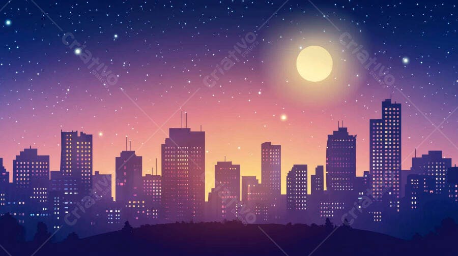 Ilustração Cidade Noturna Céu Estrelado Lua Cheia Pôr do Sol
