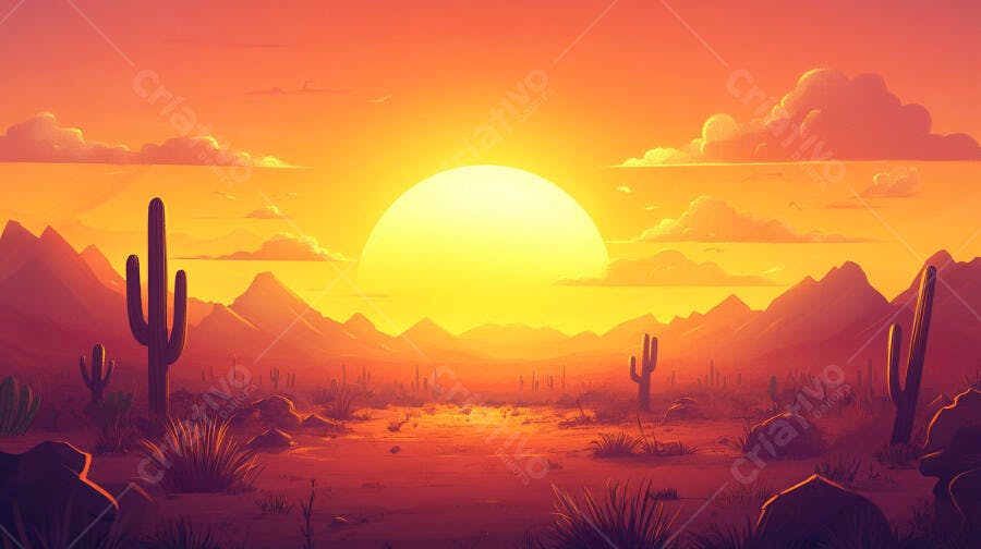 Ilustração Deserto Cactos Pôr do Sol Laranja Dourado