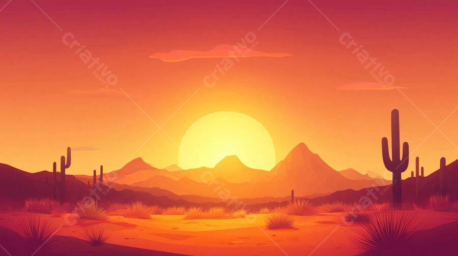 Ilustração Pôr do Sol Deserto Cactos Montanhas Laranja