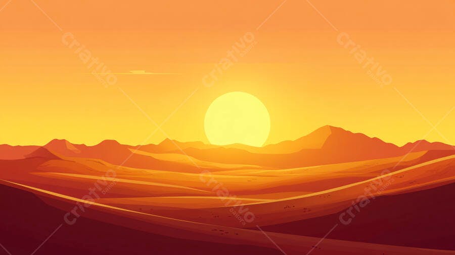Ilustração Deserto Pôr do Sol Montanhas Laranjas
