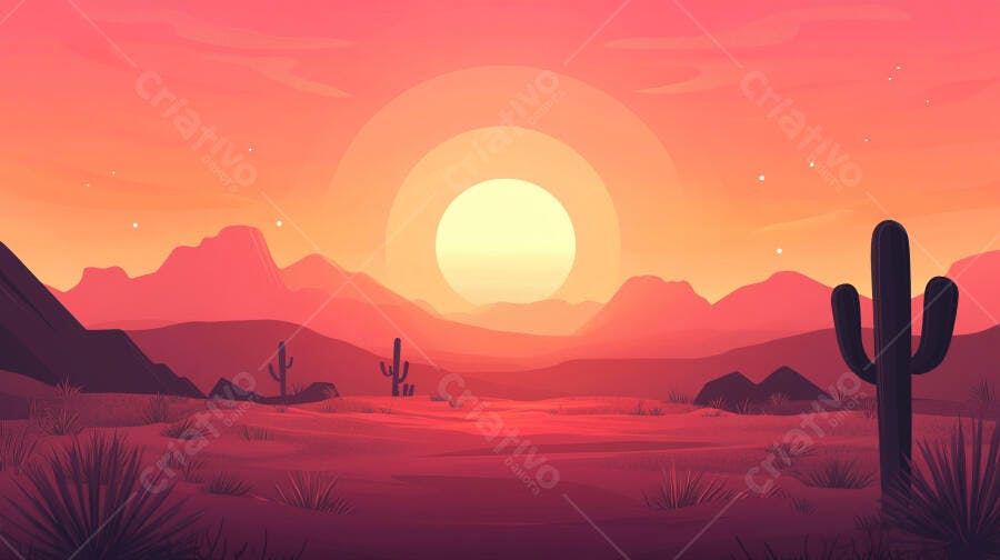 Ilustração Deserto Pôr do Sol Cactos Montanhas Tons Laranja Rosa