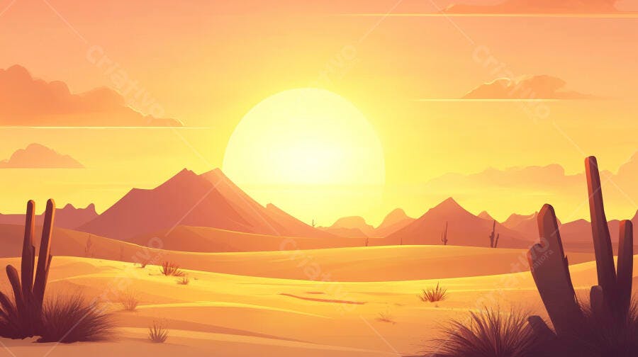Ilustração Deserto Pôr do Sol Cactos Montanhas Cenário Quente