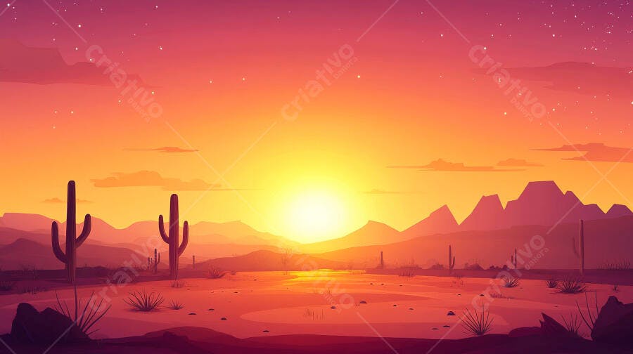Cenário Deserto Pôr do Sol Cactos Montanhas Ilustração Vetorial