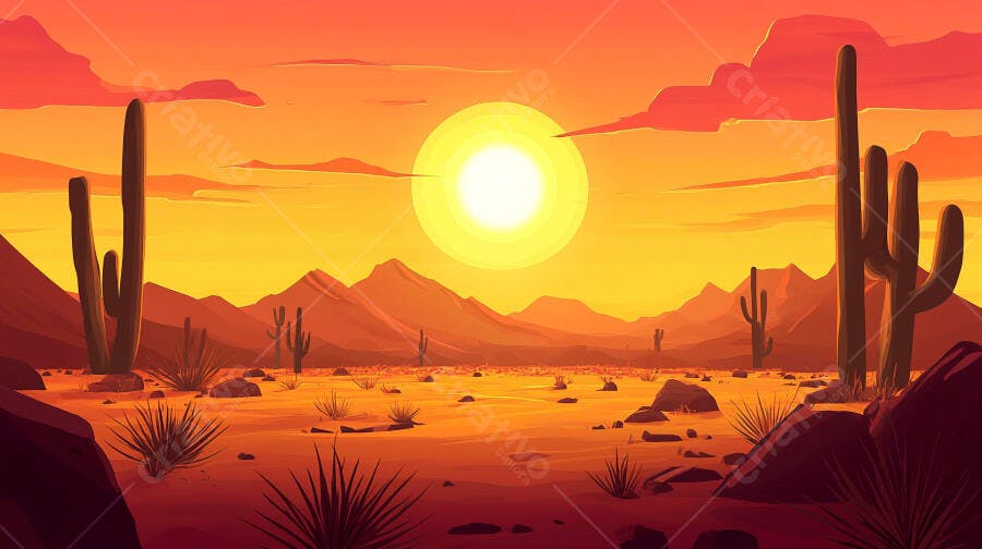 Ilustração Deserto Cactos Pôr do Sol Laranja e Amarelo