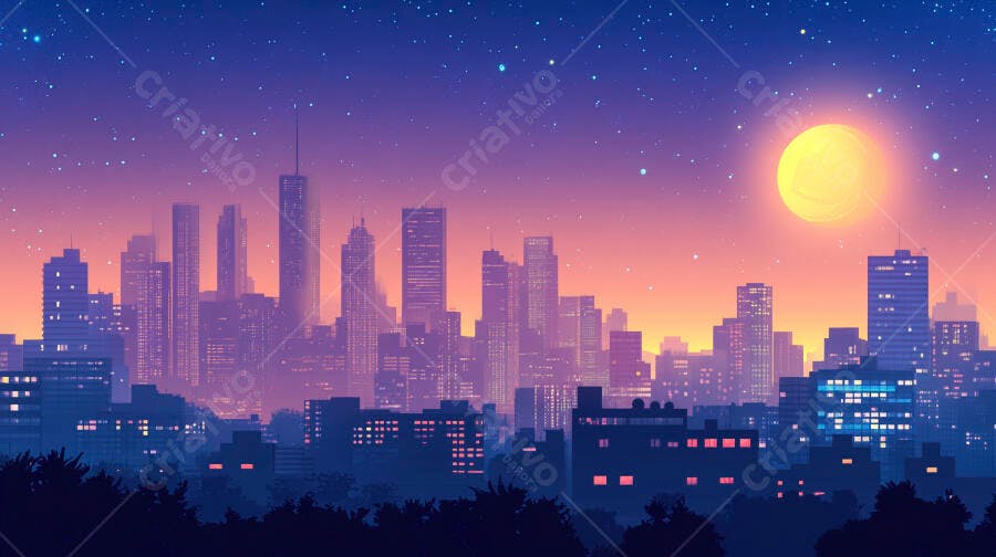 Ilustração Cidade Noturna Lua Cheia Estrelas Céu Roxo
