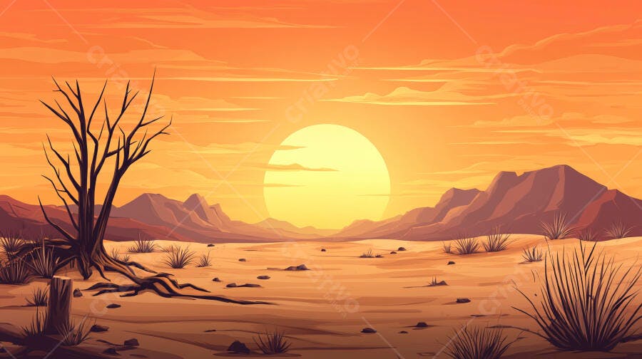 Ilustração Pôr do Sol Deserto Árido Montanhas Laranja