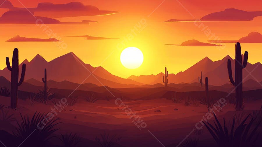 Ilustração Pôr do Sol Deserto Cactos Montanhas Tons Laranja