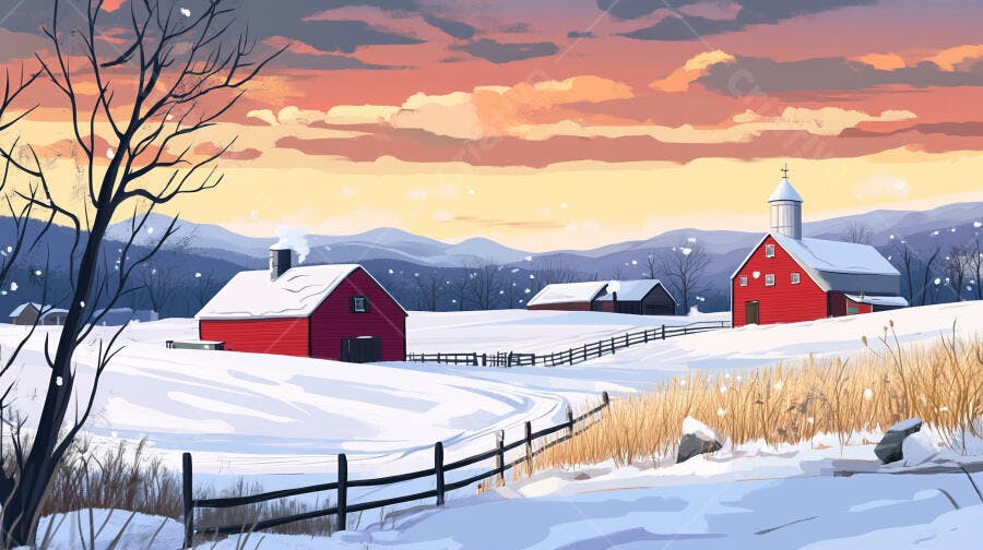 Paisagem Rural Inverno Neve Celeiros Vermelhos Pôr do Sol