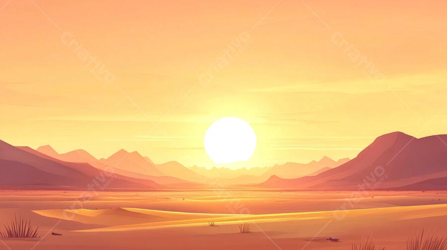 Pôr do Sol Deserto Montanhas Céu Laranja Ilustração Vetorial