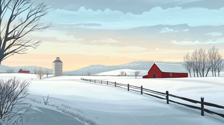 Ilustração Inverno Neve Fazenda Celeiro Vermelho Paisagem