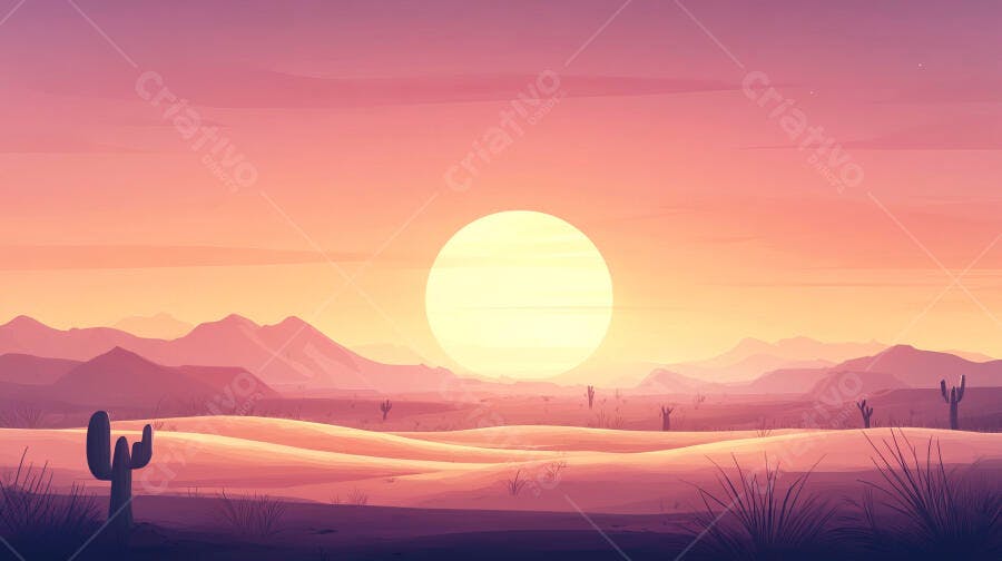 Ilustração Pôr do Sol Deserto Cactos Montanhas Tons Rosas
