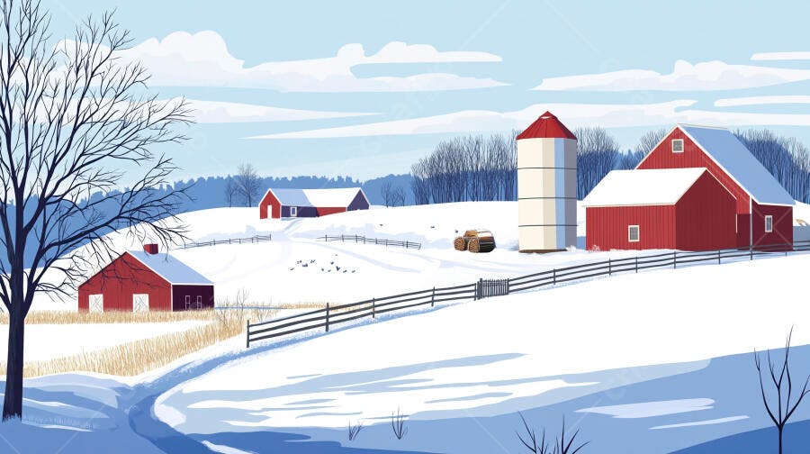 Ilustração Fazenda Inverno Neve Celeiros Vermelhos Paisagem