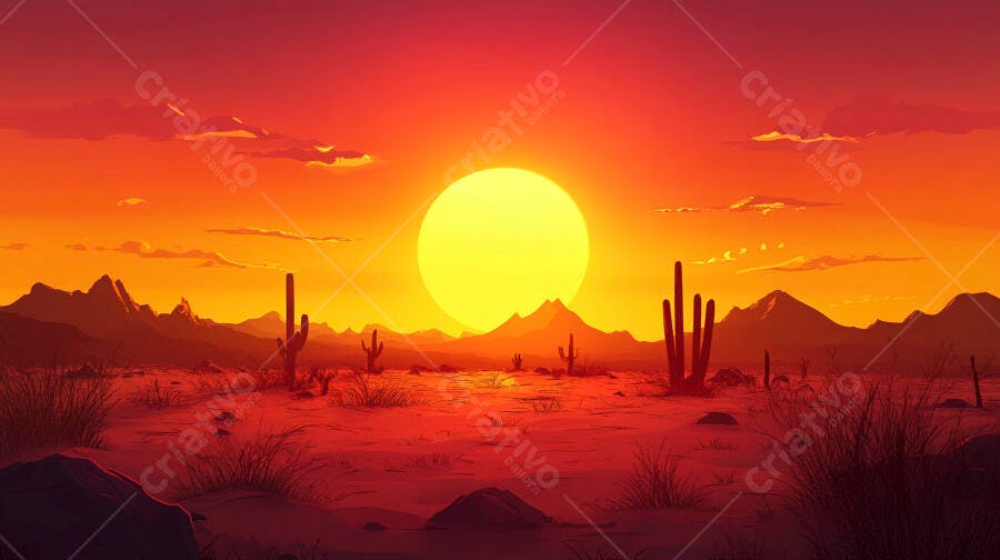 Ilustração Pôr do Sol Deserto Cactos Montanhas Tons Laranja Vermelho