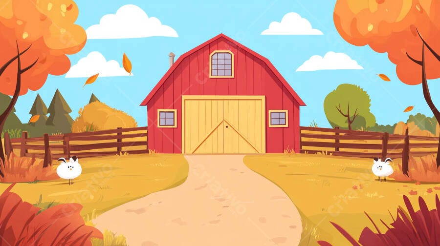 Ilustração Fazenda Celeiro Vermelho Outono Campo
