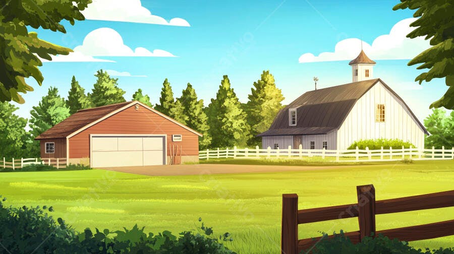 Ilustração Fazenda Celeiro Branco e Vermelho Campo Verde