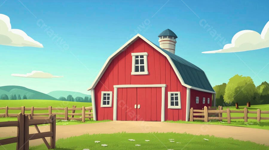 Ilustração Celeiro Vermelho Fazenda Campo Verde