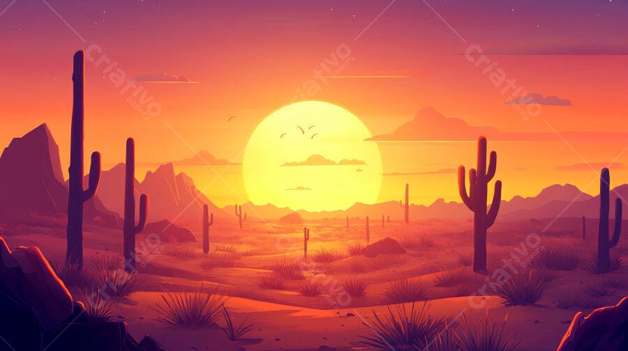 Ilustração Pôr do Sol Deserto Cactos Laranjas e Roxos