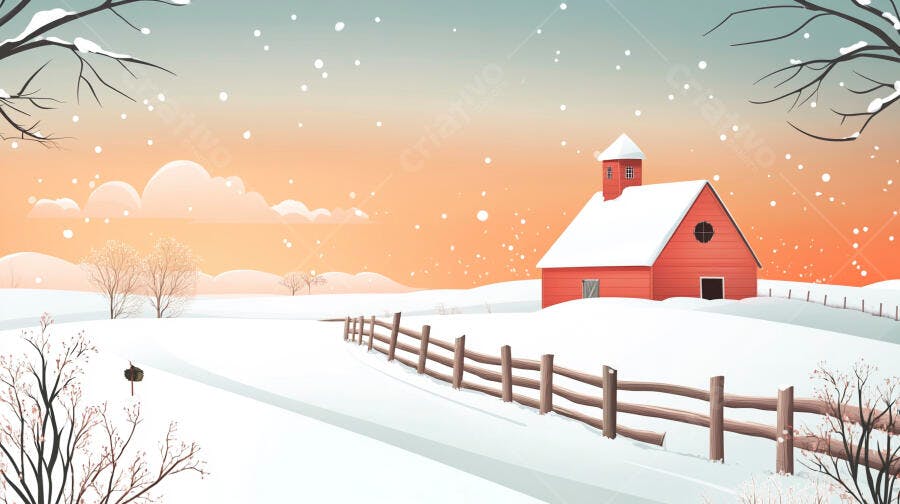 Ilustração Inverno Neve Casa Vermelha Campo