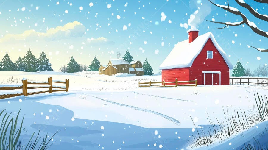 Ilustração Inverno Neve Casa Vermelha Campo