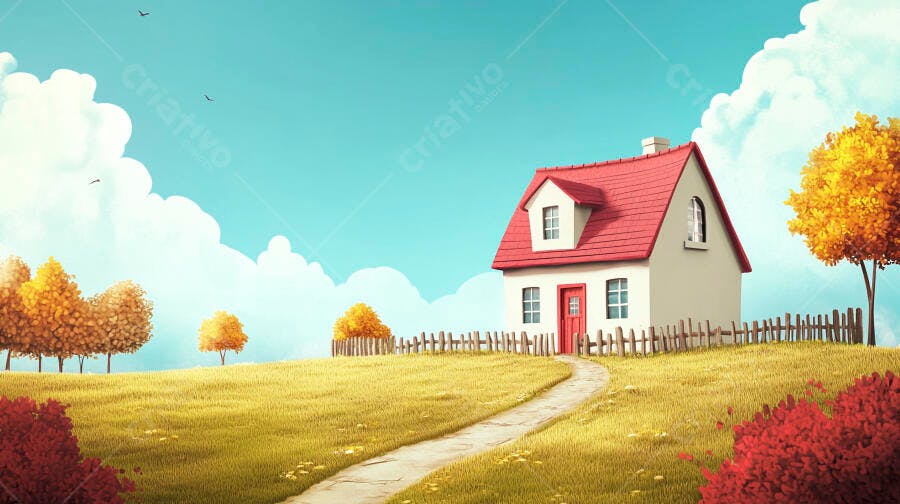 Casa Branca Telhado Vermelho Campo Verde Outono