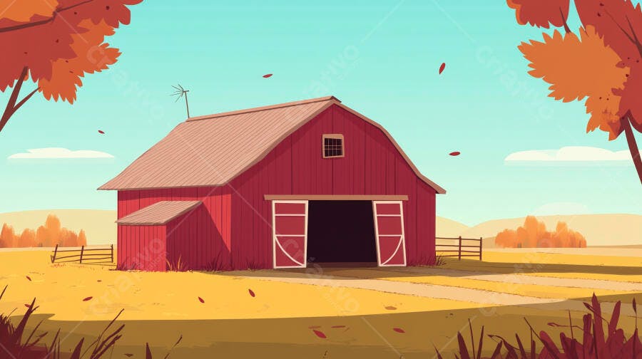 Ilustração Celeiro Vermelho Fazenda Outono Campo