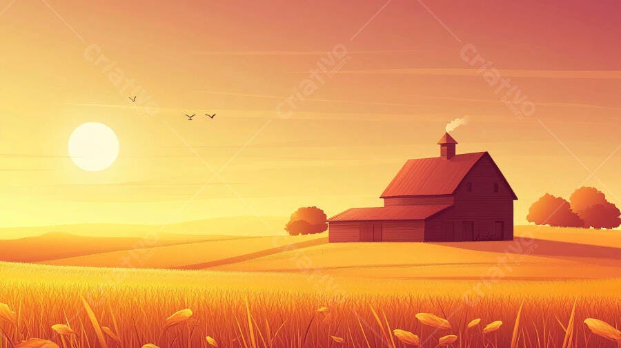 Ilustração Fazenda Celeiro Pôr do Sol Campo Dourado