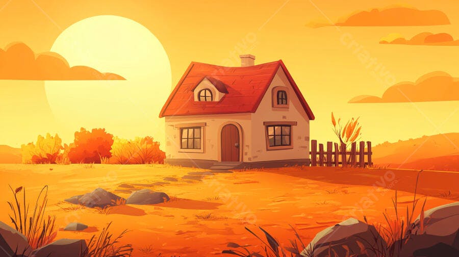 Ilustração Casa Campo Pôr do Sol Laranja Dourado