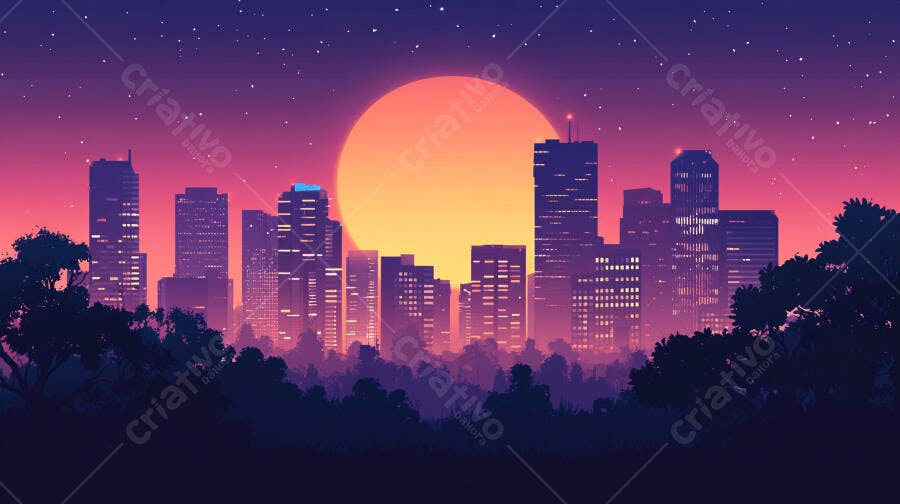 Ilustração Cidade Noturna Pôr do Sol Retrowave Neon