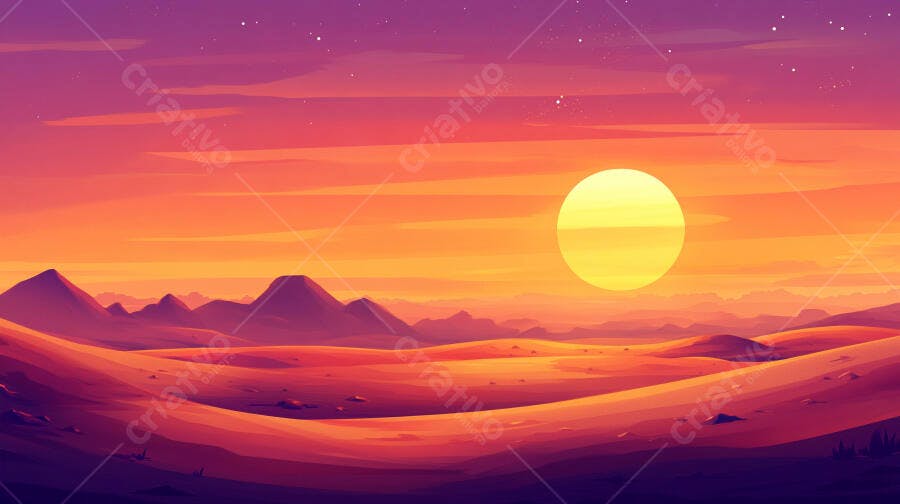 Ilustração Pôr do Sol Deserto Montanhas Tons Laranja Roxo