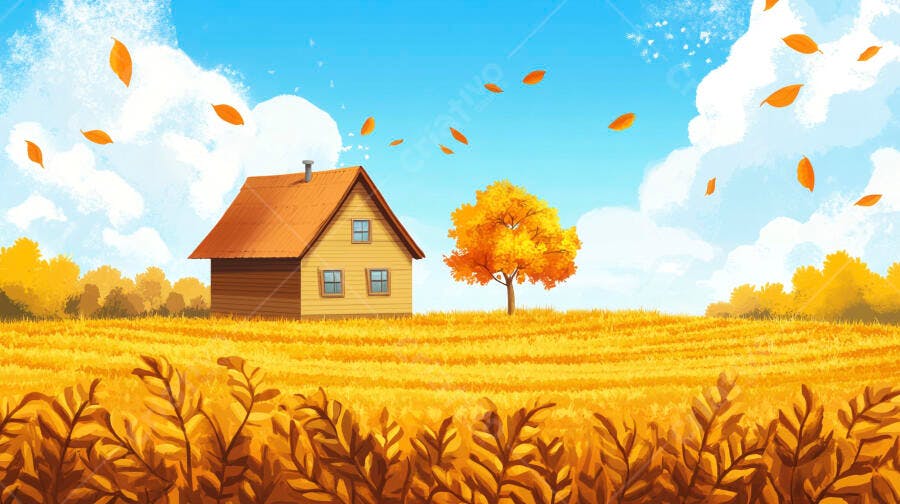 Ilustração Casa Campo Outono Folhas Laranjas Céu Azul