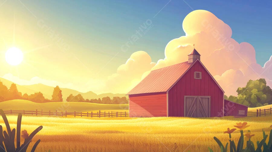 Ilustração Celeiro Vermelho Campo Dourado Pôr do Sol Desenho