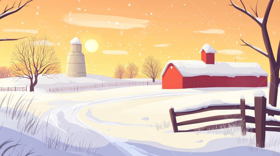 Ilustração Inverno Neve Celeiro Vermelho Paisagem Rural