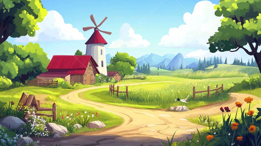 Ilustração Cenário Rural Fazenda Moinho de Vento Campo Verde