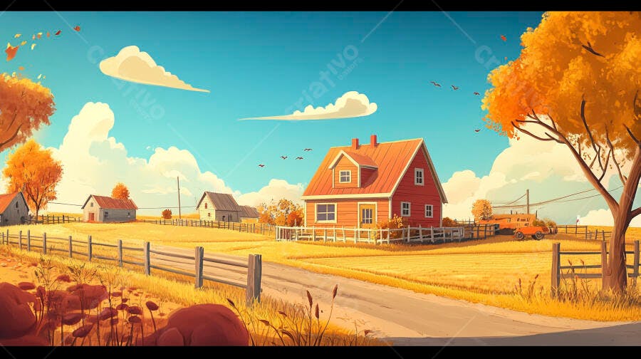 Ilustração Fazenda Casa Vermelha Campo Outono