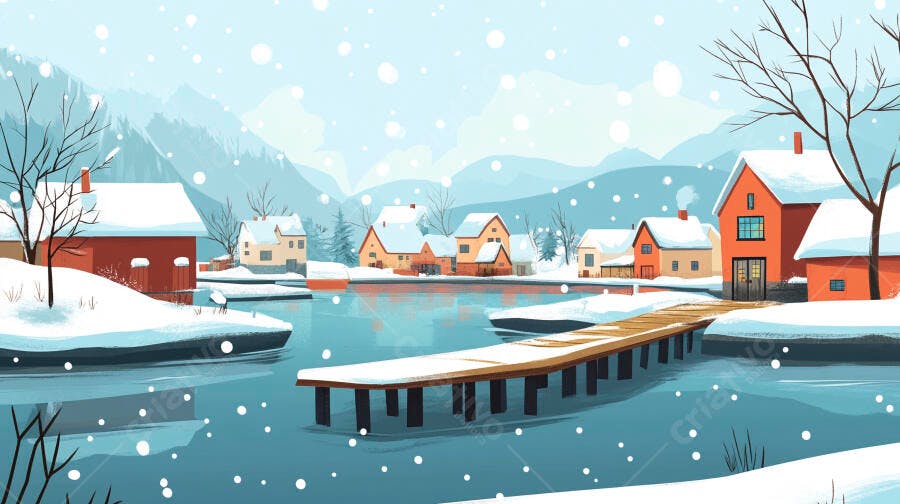 Ilustração Inverno Neve Vilarejo Lago Montanhas