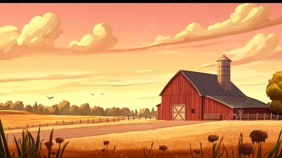 Ilustração Celeiro Vermelho Campo Fazenda Pôr do Sol
