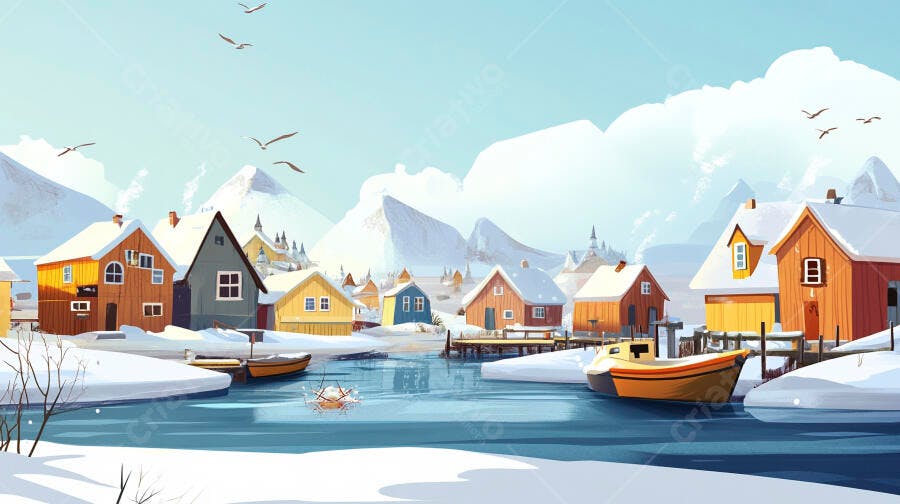 Ilustração Vila de Pescadores Inverno Neve Casas Coloridas