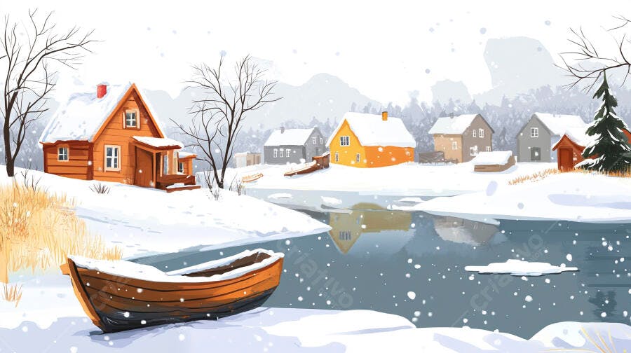 Ilustração Aldeia Nevada Barco Rio Inverno Paisagem