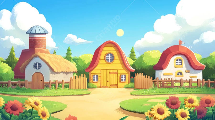 Ilustração Casas de Fazenda Desenho Animado Cenário Rural
