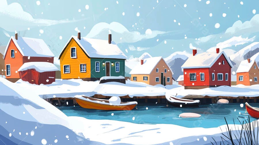 Vila de Inverno Nevando Casas Coloridas Lago Congelado