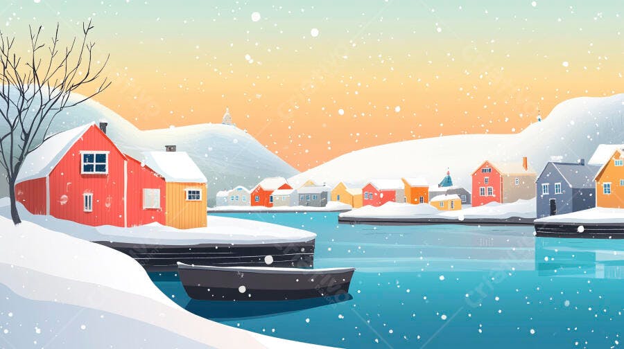 Ilustração Vila de Inverno Neve Casas Coloridas Barco
