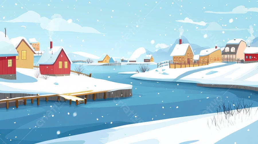 Ilustração Vila Nevada Inverno Rio Congelado Casas Neve