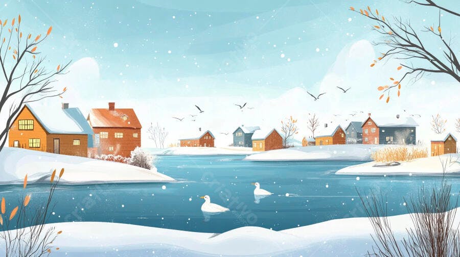 Ilustração Inverno Vilarejo Nevado Lago Patos