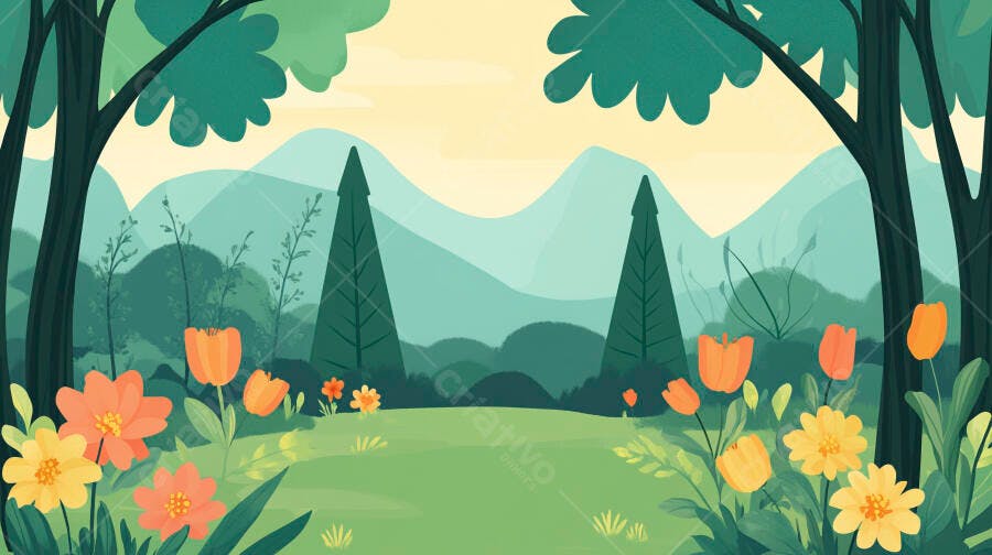 Ilustração Cenário Natureza Primavera Flores Campo Verde
