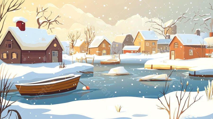 Ilustração Vila Nevando Inverno Lago Barcos Casas